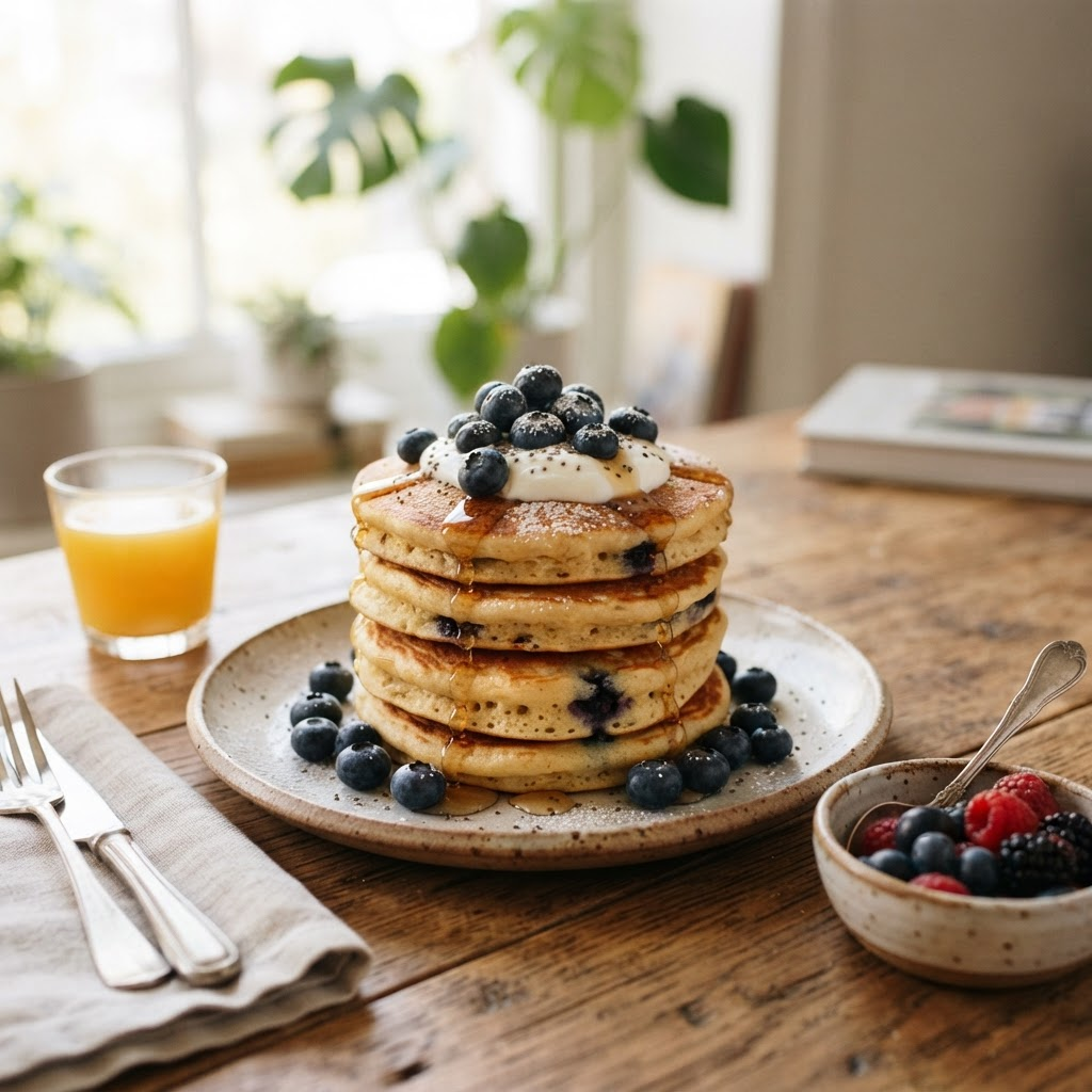 Protein-Pancakes mit Eiweißpulver und Blaubeeren